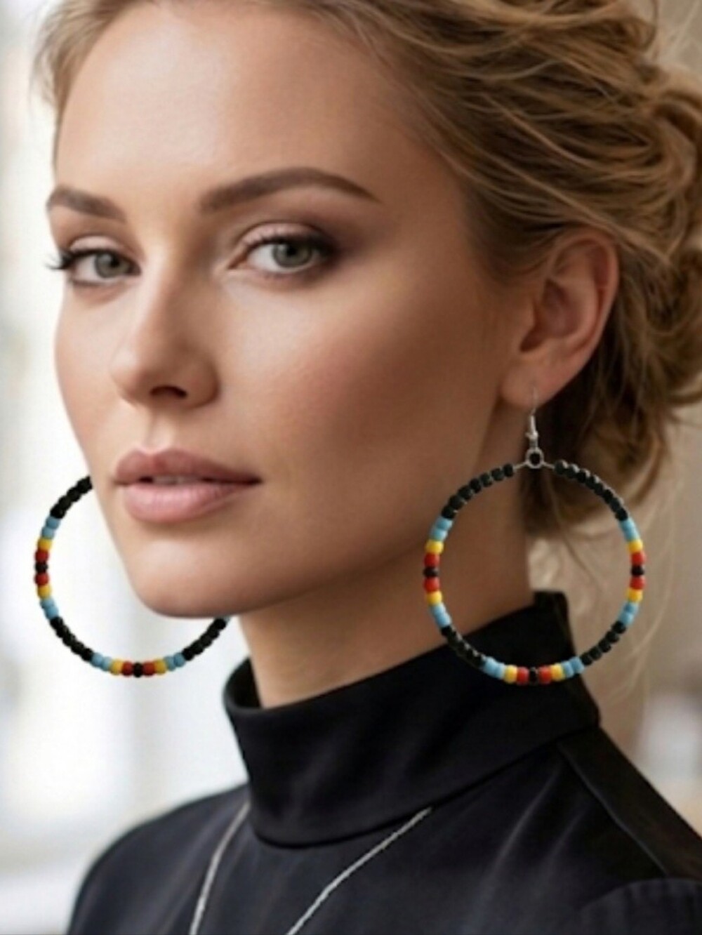Handmade hoop earrings featuring multicolored glass beads; extra lightweight.